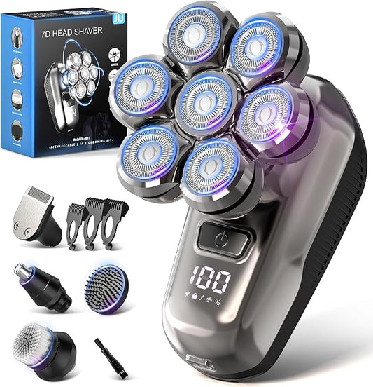 JIJ Head Shavers for Bald Men - 5-in-1 Electric Head Shaver Grooming Kit, 7D Floating Wet/Dry Electric Razor for Bald Heads with LED Smart Display, Turbo Speed & Type-C Charging (2000mAh)