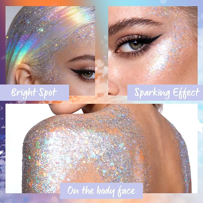Dazzle Body Glitter Gel, Rave Music Festival Singer Concert Body Glitter for Face Body Hair, Chameleon Color Changing Glitter Gel for Rave Party Sequins Accessories Shimmer Makeup #14
