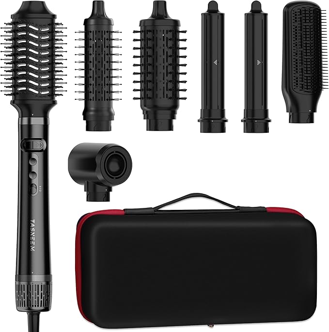 TASNEEM Hair Dryer Brush, 7 in 1 Pro Hot Air Styler for Hair Styler, Rotating Hair Dryer Brush, Auto-Wrap Curlers,Paddle Brush for Fast Blow Dry & Curling Volumizing Straightening with Travel Case