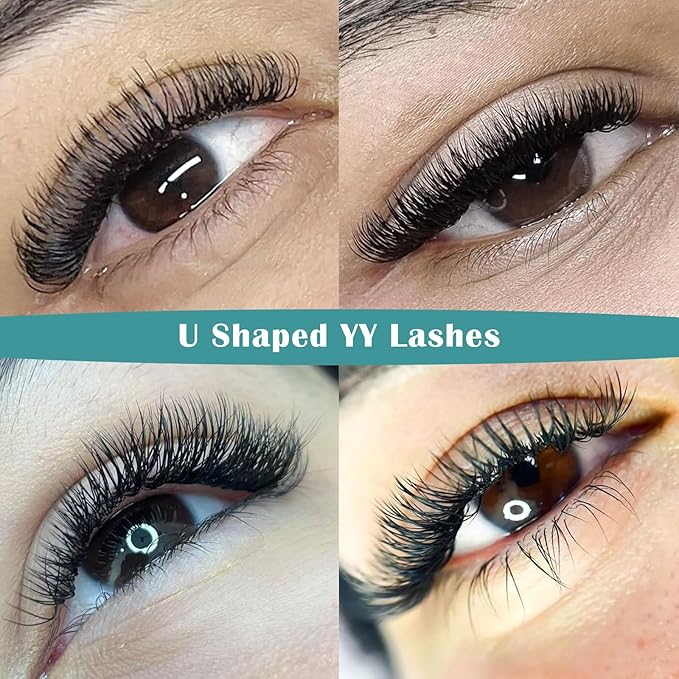 DeceMars 1400 Pcs 2D UU Eyelash Extension 0.07mm L+ Curl 14mm Premade Fan Lashes 12 Rows YY Lashes Extensions Easy Fan U Shaped Natural Wispy Volume Eyelashes Brown 12 Rows (UU-0.07-L+-14mm)