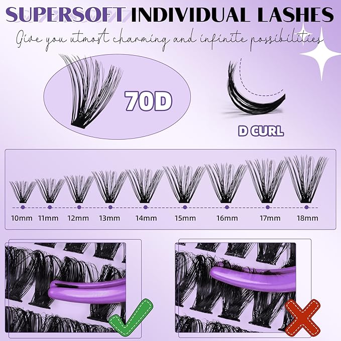 Lash Clusters 70D Individual Lashes Eyelash Clusters Supersoft D Curl Cluster Eyelash Extensions 10-18 Mixed Eyelash Extension Wispy Volume Cluster Lashes DIY at Home (70D-D-10-18MIX)