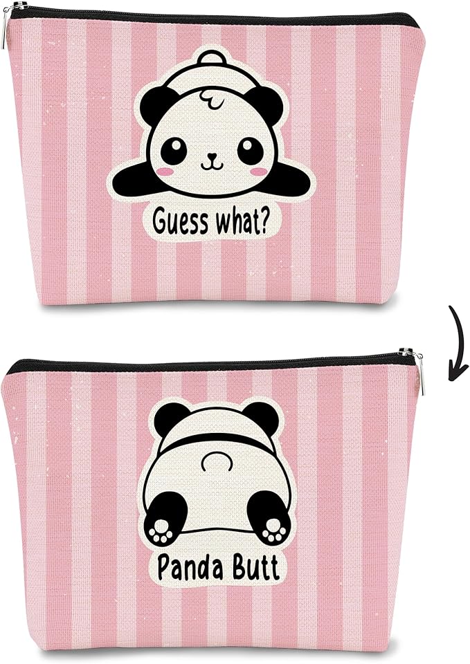 BARPERY Panda Gifts Makeup Bag for Women Girls, Cute Baby Panda 'Guess What It's Pug Butt' Cosmetic Case for Teens Daughter, Accessories (Pink Stripe)