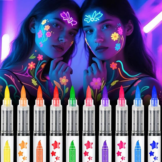 nsxsu Glow in The Dark Face Paint Markers 10 Color, Neon Body Paint Pens for Skin Fluorescent Under Black Light, Washable UV Temporary Tattoo for Birthday Glow Party Supplies Makeup Valentine Gifts