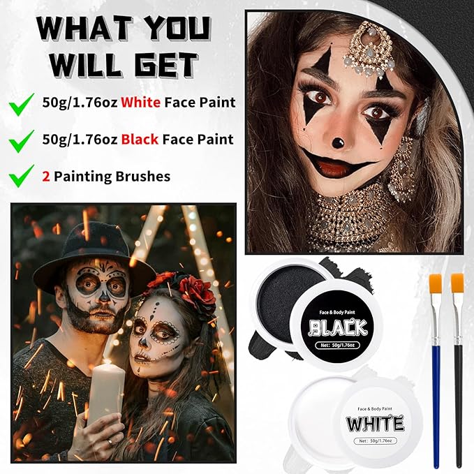 TonJin Black + White Face Body Paint Set 3.5oz/100g, Non-Toxic Professional Facepaint Makeup Kit with 2 Brushes for Art Theater Halloween Party Cosplay Clown Corpse Goth SFX Makeup