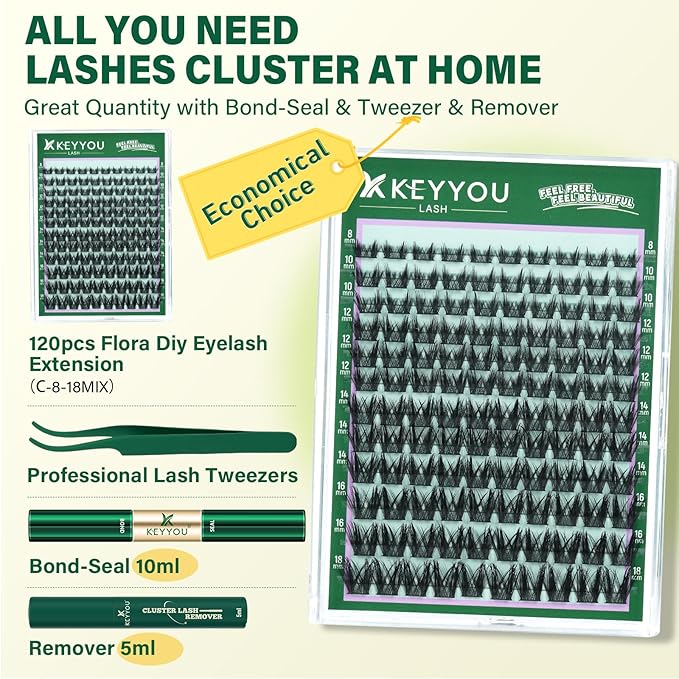 KEYYOU LASH Lash Clusters Kit Manga Lashes 8-18mm C Curl Wispy Lash Cluster Ultra-Thin Natural Lash Cluster with Spike Eyelash Extension 120pcs Fairy False Eyelash with Remover Bond and Seal（F04 Kit）