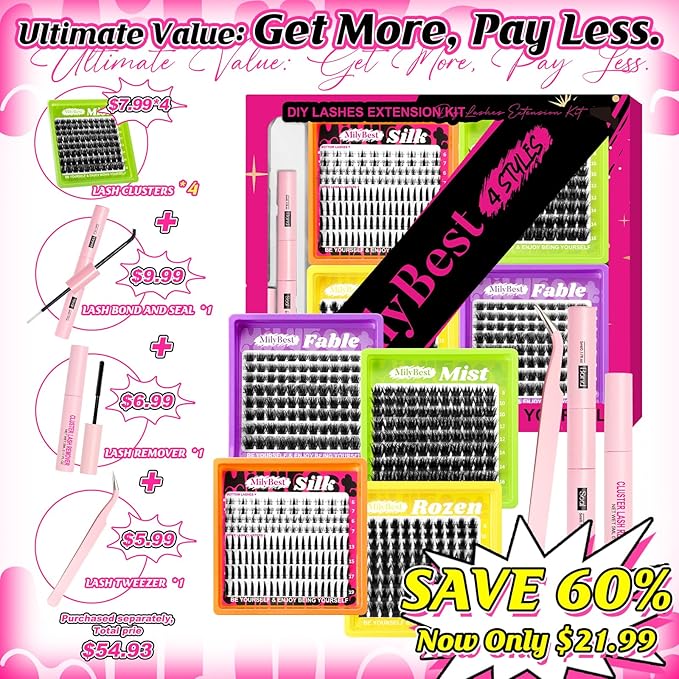 MilyBest 4 Styles Lash Clusters Kit, Silk/Rozen/Fable/Mist Bottom Eyelash Clusters Extensions Mini Boxes with Lash Bond & Seal, Remover and Lash Tweezer Spiky DIY Individual Lashes Extension Kit