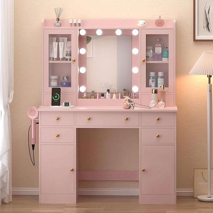 Vanity Desk with Mirror and Lights, 43" Pink Makeup Vanity Set with 5 Drawers & Glass Cabinets, Makeup Tray, Power Outlet & Adjustable LED Lights, Dressing Table for Women & Girls Bedroom