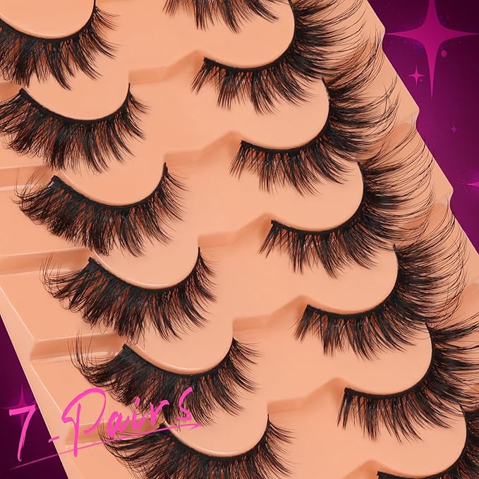 Veleasha Cat Eye Lashes Fluffy Eyelashes Wispy Crisscross Doll False Eyelashes 3D Effect Black Cotton Band Lashes 8-22MM 7 Pairs Pack (832)