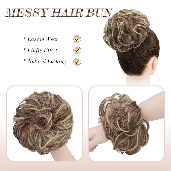 FESHFEN Large Messy Bun Hair Piece - Wavy Synthetic Chignon Scrunchies Elastic Ponytail Hair Extensions Thick Hairpieces for Women, Copper Brown & Beige Blonde 1.94oz