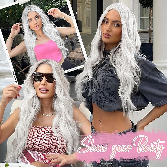 AISI HAIR White Wig for Women, Long Wavy Lace Hairline Middle Part Synthetic Wig for Daily Party-26 Inch