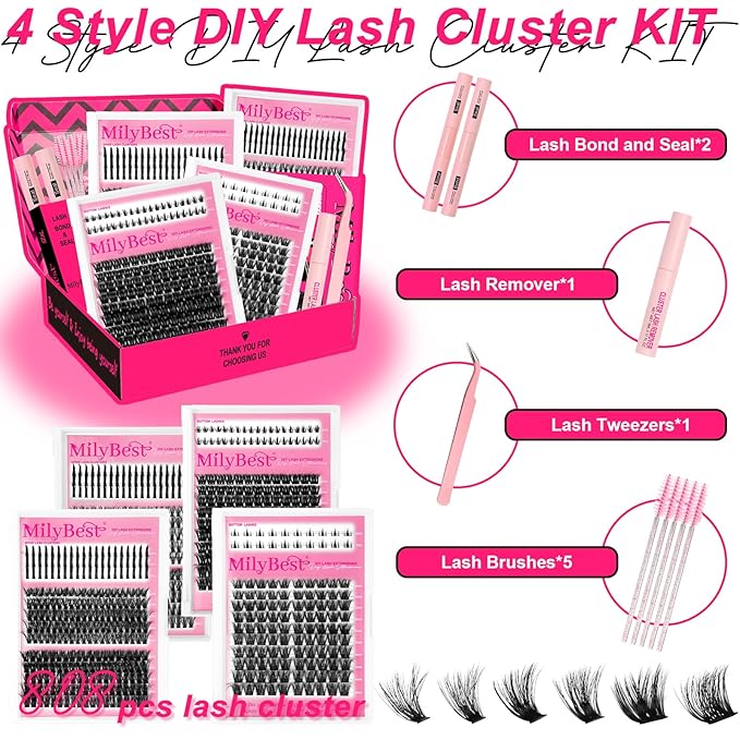 MilyBest Lash Clusters Kit 808Pcs Fluffy Eyelash Clusters D Curl Bottom Lashes Clusters 4 Styles Lash Kit with Spikes DIY Individual Eyelashes Glue Wispy Cluster Eyelash Extensions Kit De Pestañas