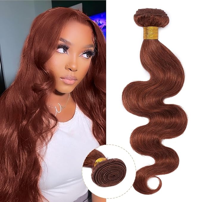 Hairro Sew in Hair Extensions Real Human Hair, 100g/bundle Weave Weft for Women Adding Volume and Length, for DIY Beauty Dating Party, 16 Inch One Bundle Body Wave Dark Auburn