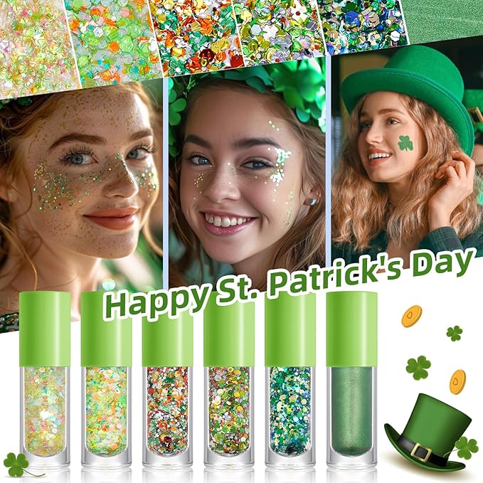 St. Patrick‘s Day Body Glitter Duo with Brush - Bold Deep Green & Bright Pastel Mix Chunky Glitter, 2-Pack for Face, Body & Hair | Long Lasting Festival Makeup