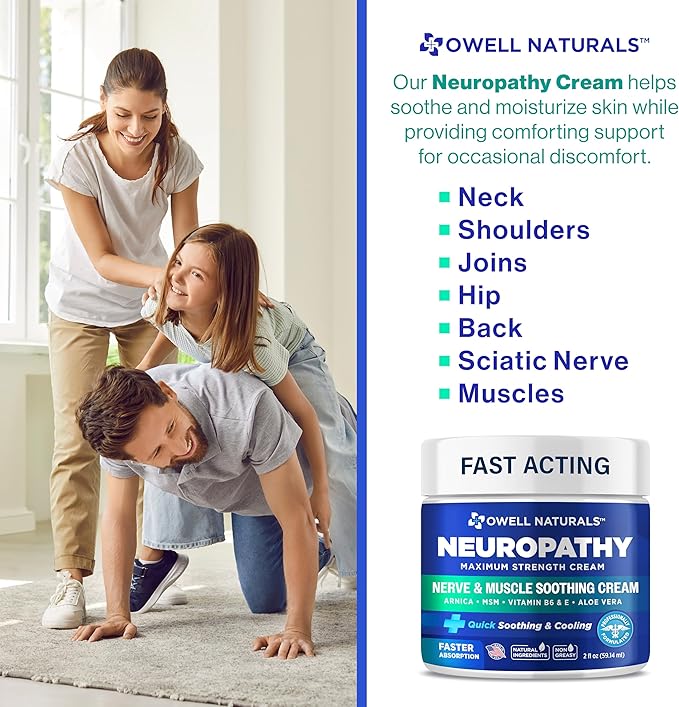 OWELL NATURALS Neuropathy Cream for Foot, Hands, Legs, Toes with Arnica, Vitamin B6, Aloe Vera, MSM - Made in USA