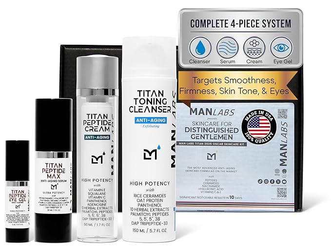 Man Labs Titan Peptide 4-Piece Anti-Aging Mens Skin Care Kit – Wash, Face Serum, Eye Cream, Mens Face Moisturizer – Skin Care for Men – Dark Circles, Wrinkles, Fine Lines – Vitamin C, Niacinamide, HA