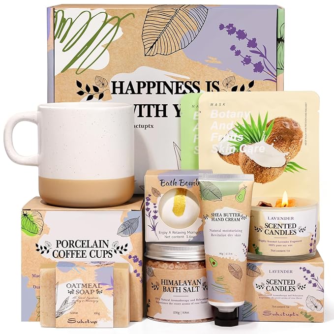 Gifts for Women, Birthday Gift for Women Spa Gifts Self Care Baskets Christmas Gift Relaxing Bath Set with Coffee Cups Latte Mug for Mom Sister Wife Friendship