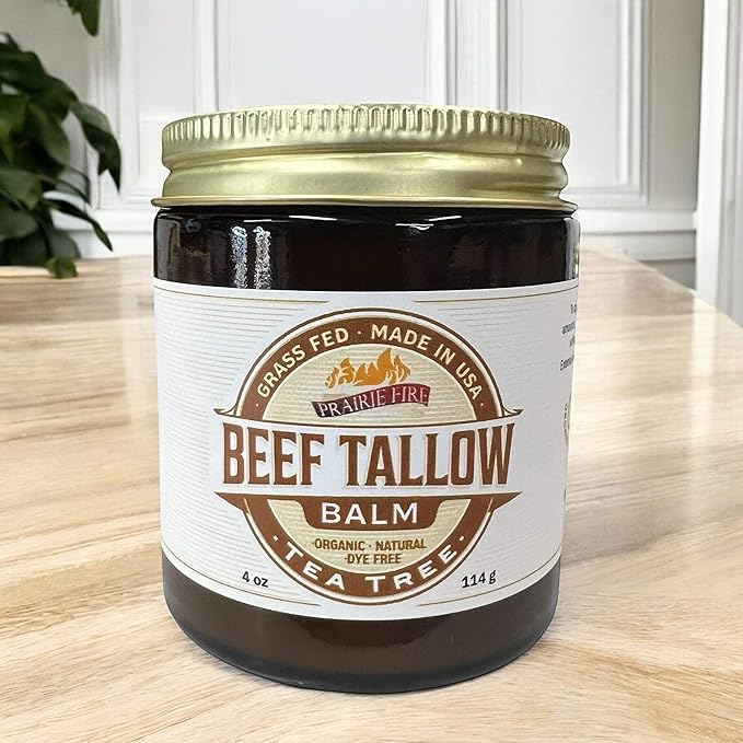 Prairie Fire Candles Grass Fed Beef Tallow Balm - 4 oz - Made in USA - Organic Grass Fed and Finished Tallow - Moisturizing Skin Care Tea Tree