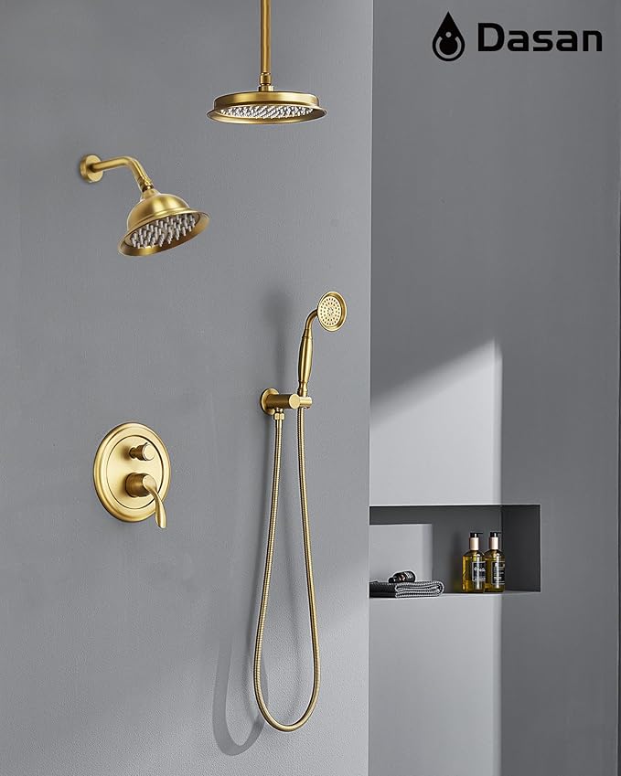 DASAN Antique Dual Shower Head Faucet Set, Brushed Gold Dual Rain Shower Head System Complete Double Head Shower Fixture Combo, 9'' & 6'' Dual Rainfall Overhead Shower with Handheld, Valve & Trim