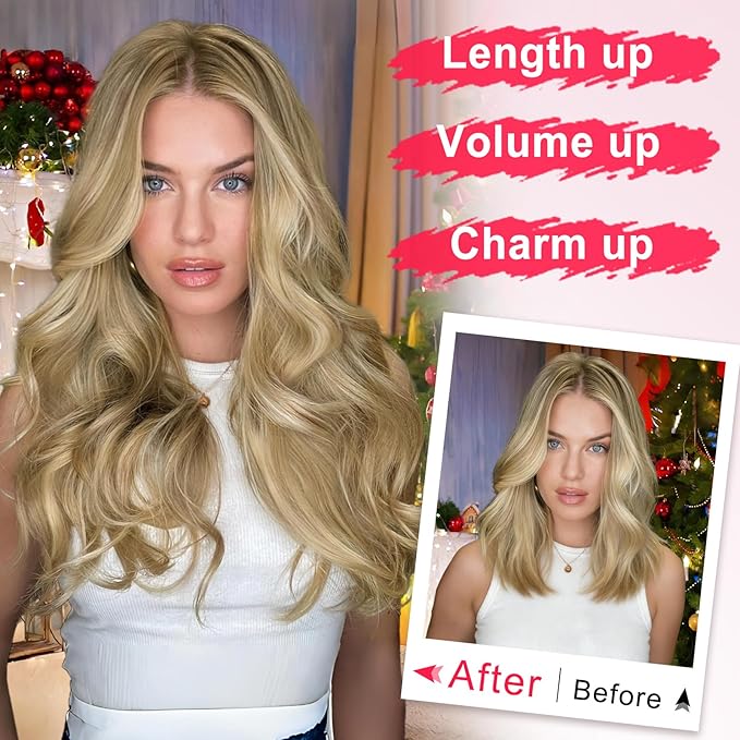 ALXNAN Long Wavy Layered Hair Extensions for Women, Clip in Hair Extensions Clip Ins Soft Full Head Synthetic Hairpieces 16 Inch Dirty Blonde