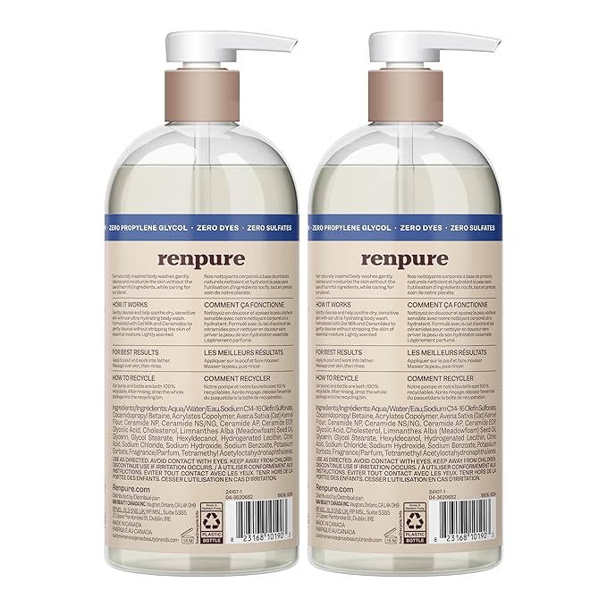 Renpure Oat Milk & Ceramides Body Wash - For Gentle Cleansing & Hydration - For Sensitive Skin - Oat Milk & Ceramides - 24 Fl Oz each, 2 Pack