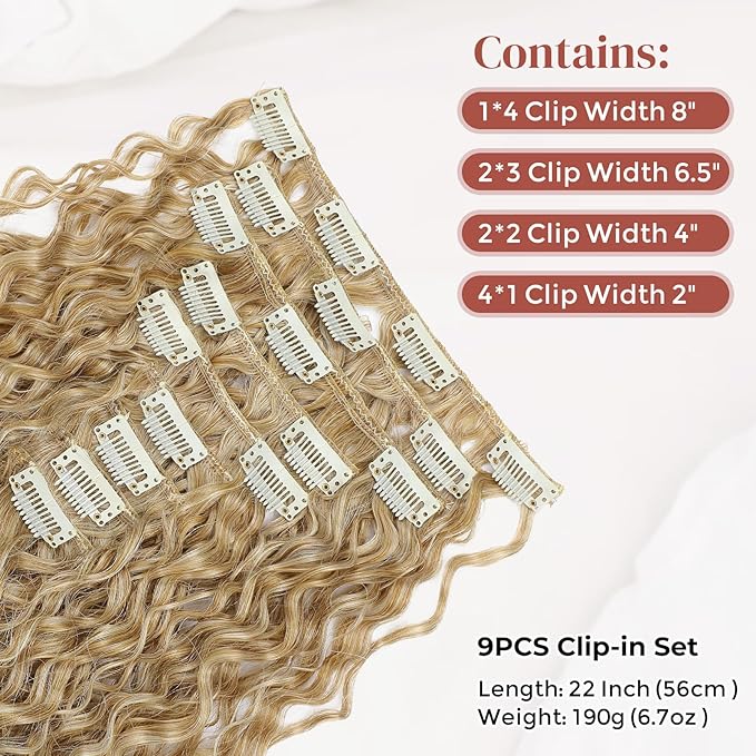 LONAI Hair Extension,9PCS Brown 22" Curly Clip in Hair Extensions LN002 Long Soft Thick Synthetic Hairpieces for Women-Golden Blonde with Highlight