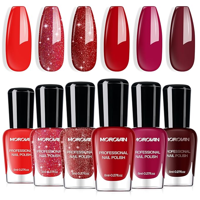 Morovan Red Nail Polish Set: Glitter Bright Burgundy Cherry Red Fingernail Polish Kit Shimmer Sparkle Air Quick Dry Nail Polish Pack for Manicure Holiday Party Valentine's Day Gift for Women Girls