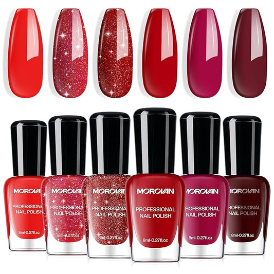 Morovan Red Nail Polish Set: Glitter Bright Burgundy Cherry Red Fingernail Polish Kit Shimmer Sparkle Air Quick Dry Nail Polish Pack for Manicure Holiday Party Valentine's Day Gift for Women Girls