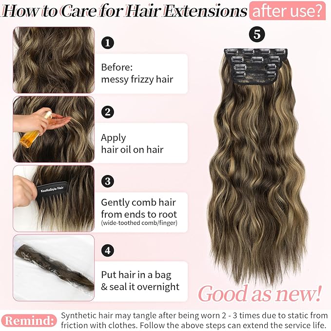 KooKaStyle Clip in Synthetic Hair Extensions Long Wavy 4PCS Thick Hairpieces Brown mix Sandy Blonde Fiber Double Weft Natural Hair Extensions 20 Inch for Women
