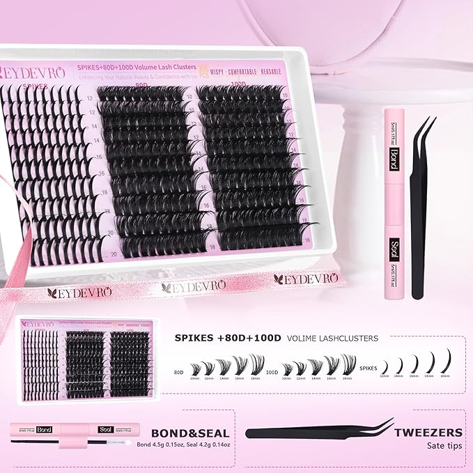 EYDEVRO Lash Clusters with Spikes Wispy Eyelash Clusters Kit 12-20mm Spikes Lash Clusters 10-18mm 80D 100D Volume Cluster Eyelash Extensions Cluster Lashes Kit Individual Lashes Lash Bond and Seal