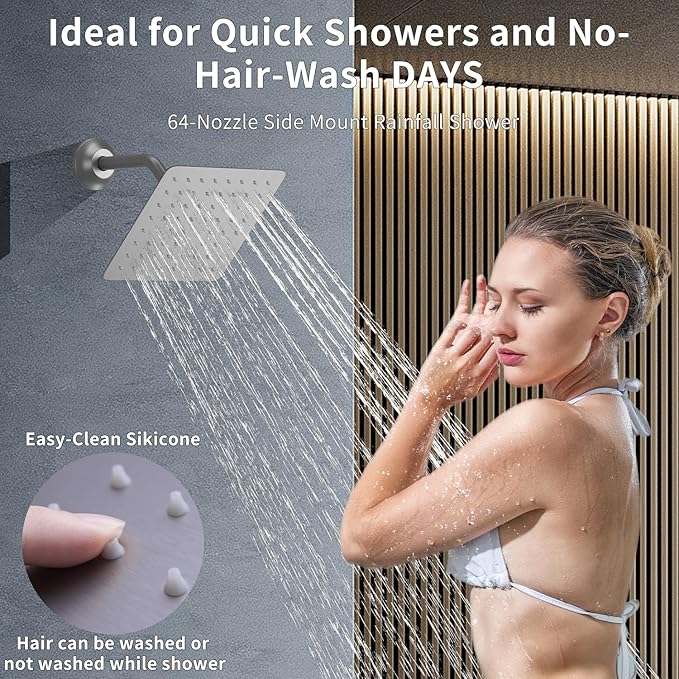 HONGTONGSOWER Bathroom Rainfall Shower System Wall Mount 8 Inch Shower Head With Handled Spray 6 Pcs jets Temperature Display Shower Faucet Set (Brushed Nickel)
