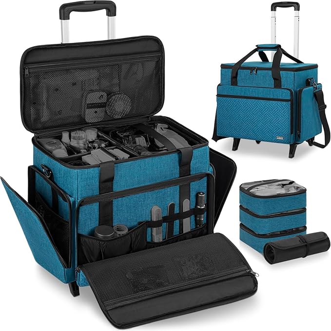 FREEAMG Extra Large Rolling Makeup Case with 4 Removable Pouches，Professional Make up Train Case with Wheels,Travel Cosmetic Bag for Hairstylists Nail Tech Makeup Artist with Detachable Trolley