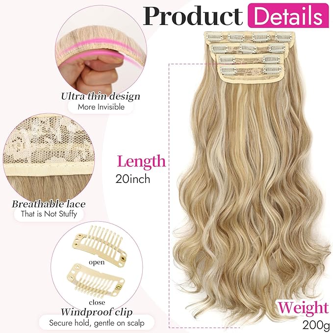 Kookastyle Clip in Hair Extensions, Natural Long Layered Soft Invisible Synthetic Curly Hairpieces for Women,4 pcs(20 Inch,Beach Blonde)