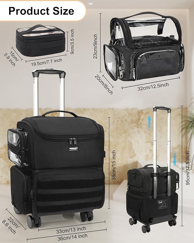 Relavel Rolling Makeup Train Case, Cosmetology Case on Wheels with 4 Clear Bags and Clear Makeup Brush Case, Professional Makeup Artist Set Bags Organizer with 360° Spinner Wheels