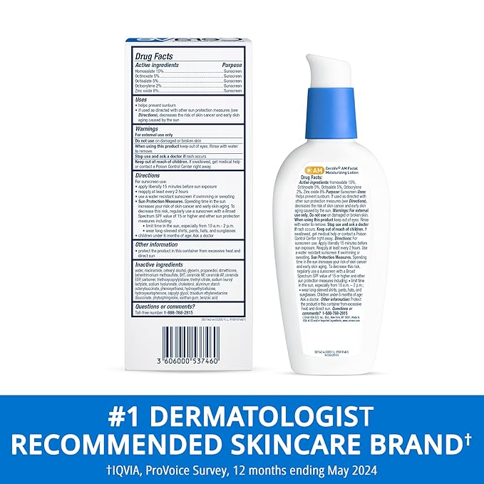 CeraVe AM Facial Moisturizing Lotion with SPF 30, Oil-Free Face Moisturizer with SPF, Formulated with Hyaluronic Acid, Niacinamide & Ceramides, Non-Comedogenic, Broad Spectrum Sunscreen, 3 Ounce