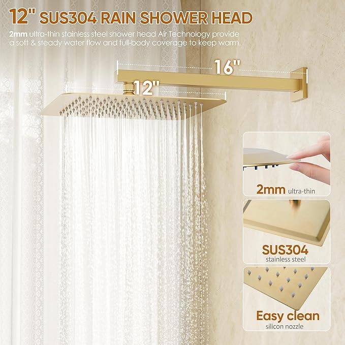 HoliSpa Gold Tub Shower System, All Metal Tub Shower Faucet Set with 12" Rain Shower Head and Handheld Spray combo, Wall Mounted Shower Systems with Tub Spout, Valve and Trim Kit, Brushed Gold