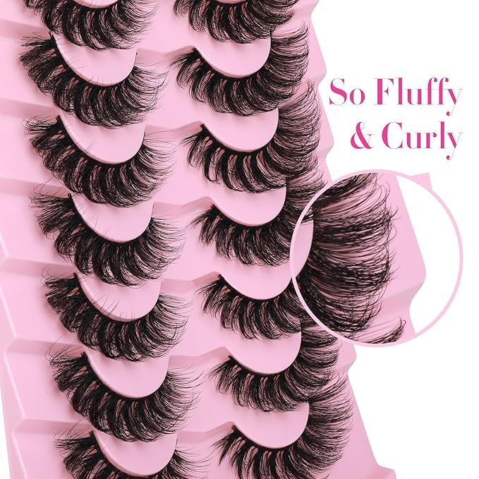 JIMIRE Cat Eye Lashes with Glue Wispy False Eyelashes with Eyelash Glue Kit Russian Strip Lashes D Curl Mink Lashes Fluffy 7 Pairs Pack