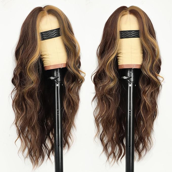 AISI HAIR Chocolate Brown with Caramel Highlights Wig for Women, Long Wavy Lace Hairline Middle Part Synthetic Heat Resistant Wig for Daily Party-26 Inch