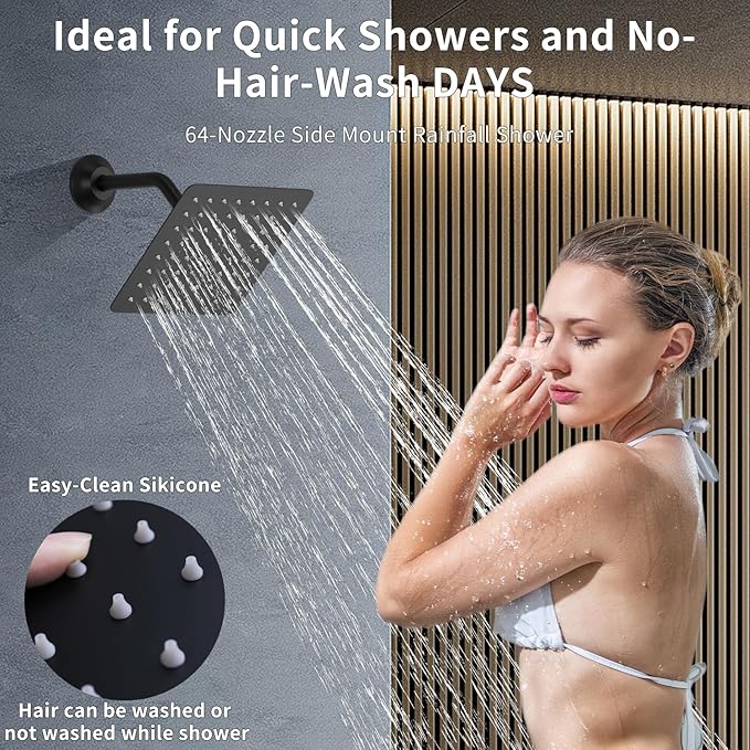 HONGTONGSOWER Bathroom Rainfall Shower System Wall Mount 8 Inch Shower Head With Handled Spray 6 Pcs jets Temperature Display Shower Faucet Set (Matte Black)