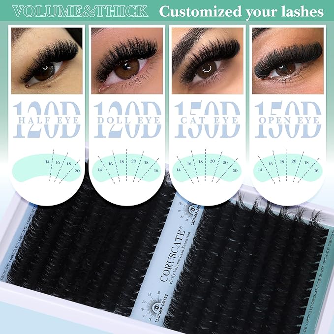 CORUSCATE Lash Clusters 120D+150D Eyelash Clusters Long Individual Lashes 14-18mm Thick Cluster Eyelash Extensions 256pcs Volume Strip Eyelashes Mink DIY Cat Eye Lashes Extension