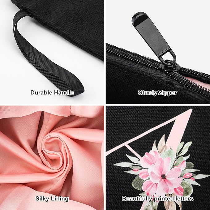 Vavabox A-Z Personalized Makeup Bag, Birthday Gifts for Women Mom, Gifts for Best Friend, Bride Bridesmaid Cosmetic bag (A, Black)
