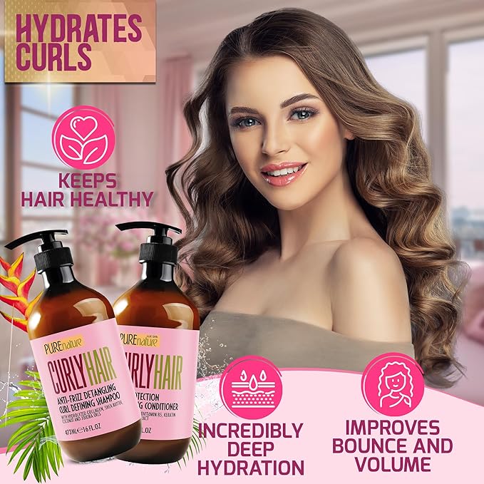 Curly Hair Shampoo and Conditioner Set - Sulfate Free and Color Safe - For Wavy, Frizzy, Fine, Black and Permed Styles - Moisturizing for Men and Women - Deep Curl Hydrating Products with Argan Oil