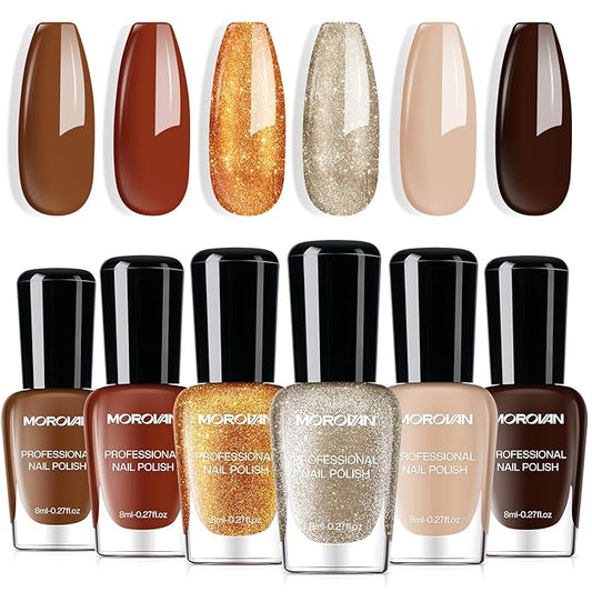 Morovan Fall Nail Polish Set: Dark Brown Burnt Orange Chocolate Mocha Mousse Coffee 2025 Fingernail Polish Kit Glitter Autumn Winter Tan Nude Air Quick Dry Regular Home DIY Manicurist Women Girls Gift