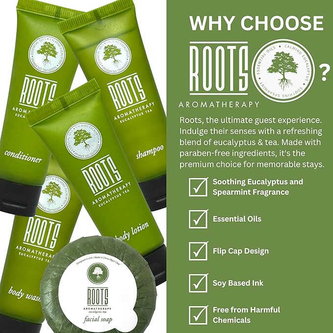 ROOTS AROMATHERAPY Travel Size Shampoo and Conditioner Supplies For Guests,Airbnb Essentials for Hosts,Mini Shampoo And Conditioner Sets,Hotel Toiletries,Air Bnb Kit For Bathroom Wash Lotion,(150 Pcs)