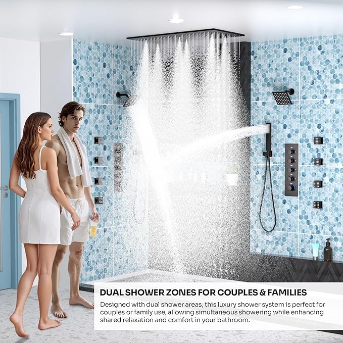 HOMEDEC Luxury Dual Shower System for Couples, 16x32" Rain 2-Function and Dual 6" Side Wall Mounted Shower Heads, with 4-Way Diverter Valves, Black