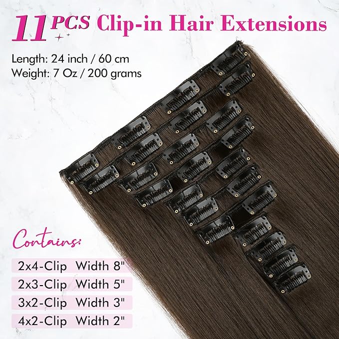 REECHO Hair Extensions, 11PCS Clip in Hair Extensions 24" Long Straight hair extensions HE005 Natural Soft Synthetic Hairpieces for Women – Chocolate Brown