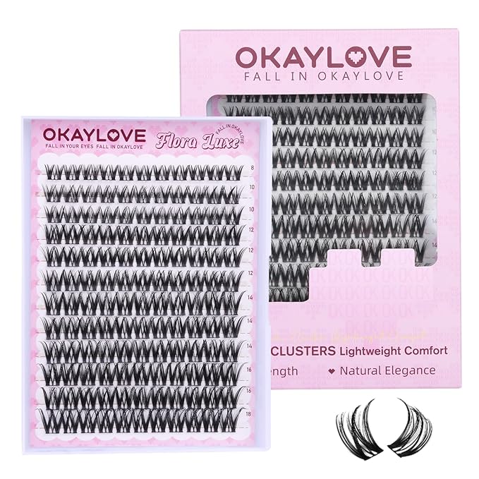 OKAYLOVE Natural Lash Clusters, Flora Luxe 8-18mm DIY Wispy Cluster Eyelash Extensions Kit, 132pcs CC Curl Clear Band Individual Lashes
