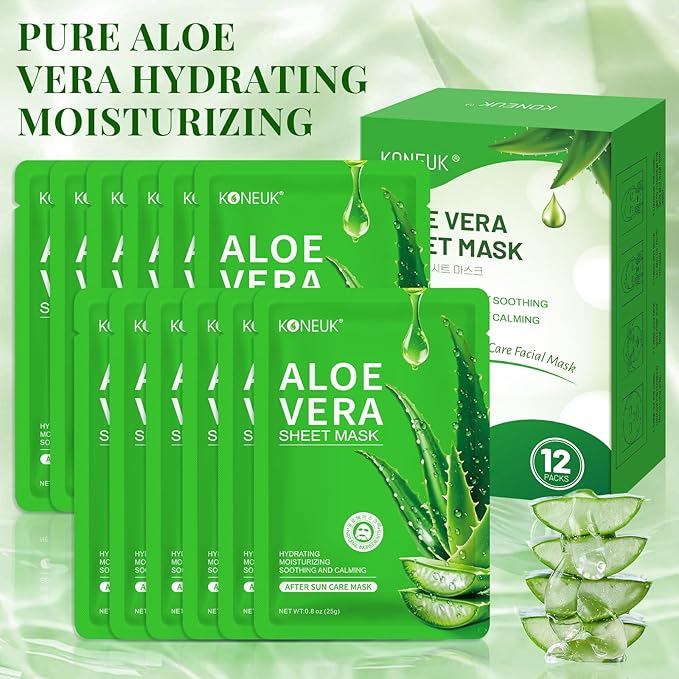 KONEUK 12 Pack Aloe Vera Face Masks Skincare, Sheet Aloe Hydrating Face Mask for Sunburn Relief and After Sun Care, Bulk Aloe Vera Face Mask for Spa Party Gifts