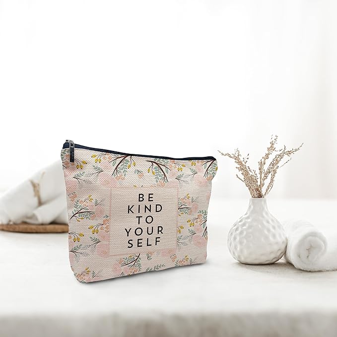 Nogrit Inspiring gifts,be kind Makeup Bag,inspirit Cosmetic Bag,Be Kind to Yourself, Pink Floral Makeup Bag,Encouragement Gifts for Women Teen Girls,Inspiring gifts for women girls