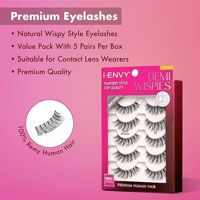 i-ENVY 30 Pairs Demi Wispies False Lashes (6 Pack), Premium Quality 100% Human Hair, Fluffy Feathered Eyelashes With Volume & Curl, Natural Look, Lightweight, Comfortable, Reusable for Everyday Wear