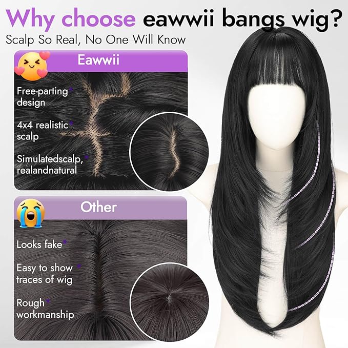 Long Black Wig with Bangs for Women, 4x4 Realistic Scalp,Free Parting, Layered Hairstyle Synthetic Heat Resistant for Daily Party Use 26 inch
